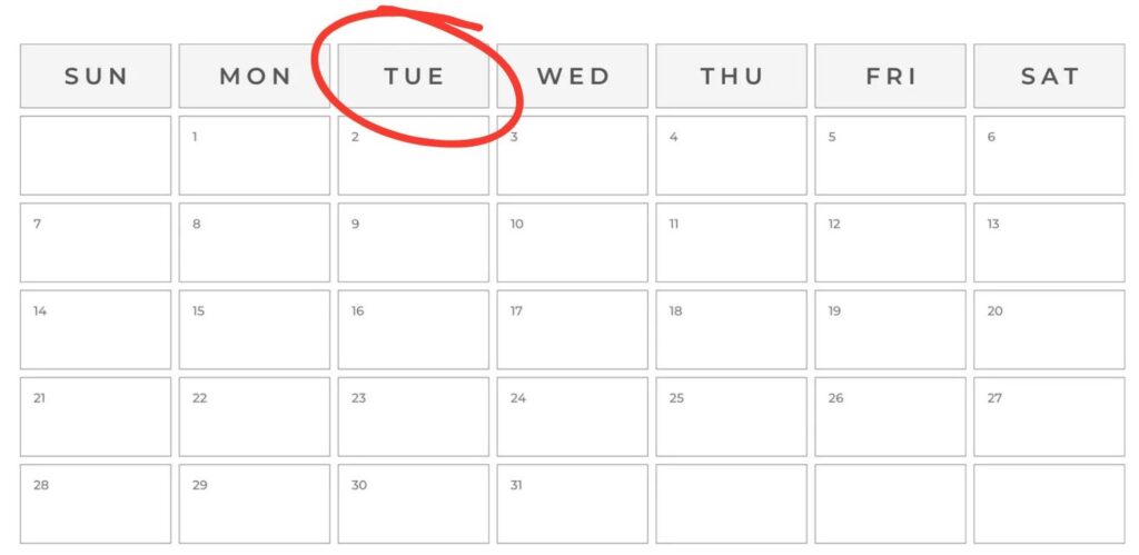 Tuesday circled on a calendar