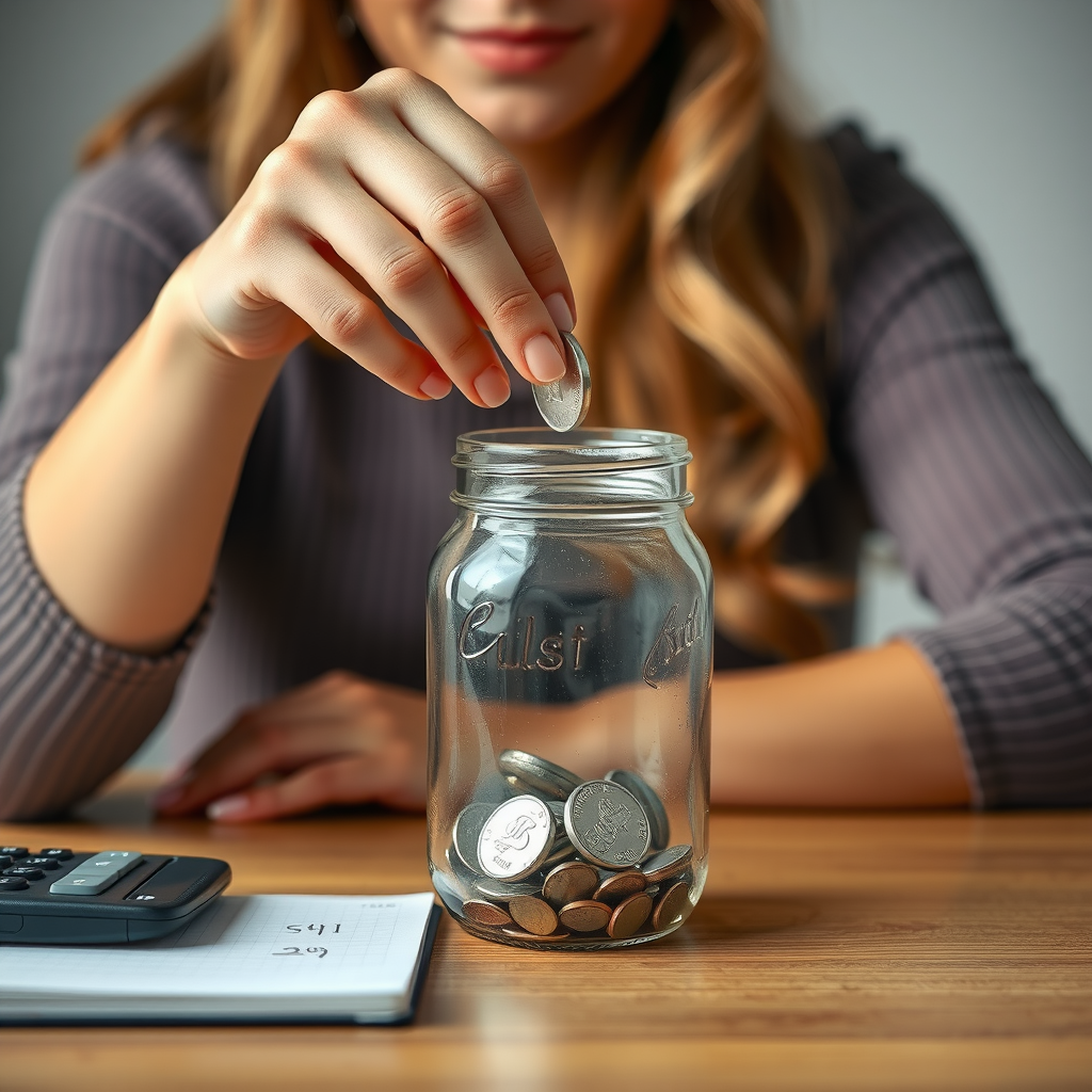 Woman dropping coin into jar.